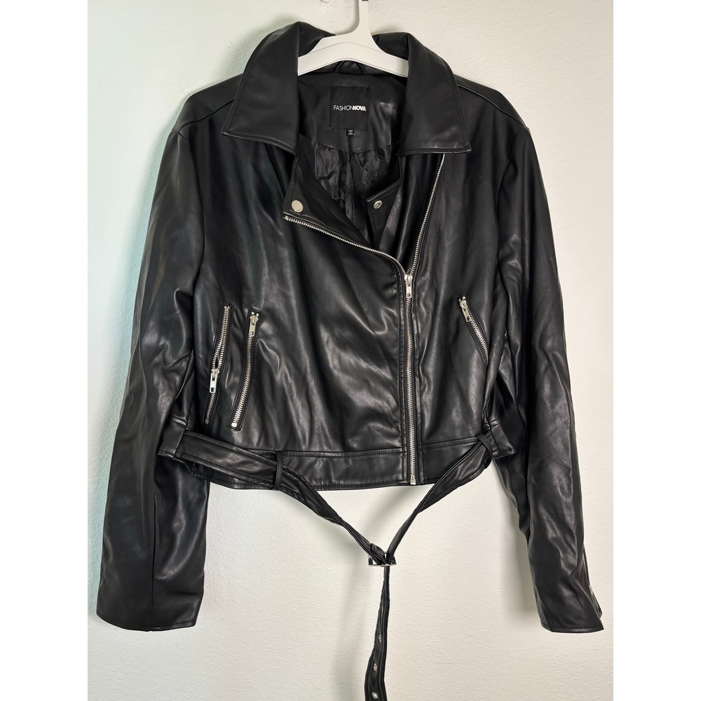 Fashion Nova Womens Black Faux Leather Moto Jacket Belted Biker Size 3X 72268